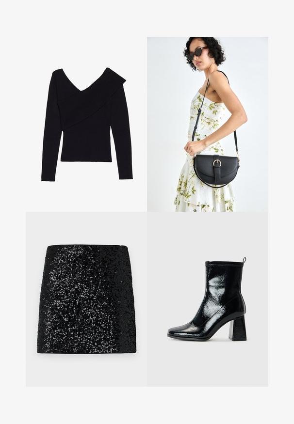 Even&Odd Strickpullover - black; Schwarzer Paillettenrock mit strukturierter Oberfläche, der ein Gradientmuster von dichten zu spärlichen Pailletten zeigt, gerade geschnitten und ohne sichtbare Verschlüsse.; Schwarze Lack-Ankle-Boots mit quadratischer Zehenform und klobigem geometrischem Absatz. Sie verfügen über eine glatte, glänzende Textur und eine Zuglasche an der Rückseite für einfaches Anziehen.; Schwarze Lederhandtasche mit geschwungener Form, abnehmbarem Tragegurt und goldenen Beschlägen. Die Tasche verfügt über einen Deckel mit einer Schnallen-Details.