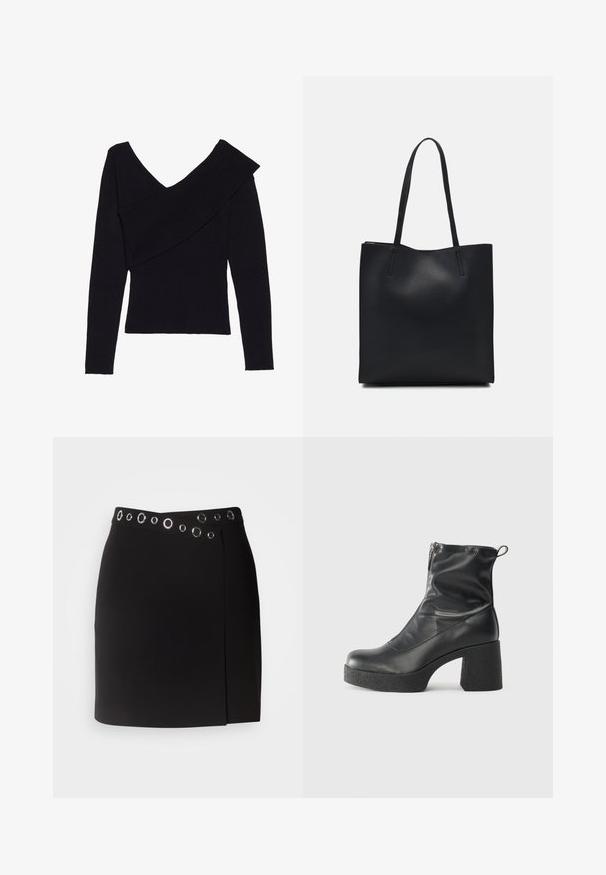 Even&Odd Maglione - black; Morgan JILLY - Gonna a portafoglio - noir; Stivali neri alla caviglia in pelle liscia, con zip laterale, tacco spesso e texture, e punta arrotondata.; Borsa tote in pelle nera con texture liscia, forma rettangolare e due manici lunghi. Nessun hardware o decorazione visibile.