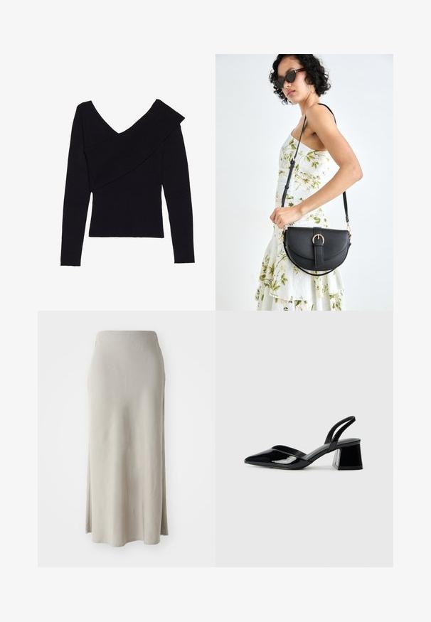 Even&Odd Jumper - black; Beige midi skirt made of soft fabric, featuring a straight silhouette with a slight side slit for ease of movement.; Black patent leather slingback heels with a pointed toe and a geometric block heel. Features a sleek, minimal design and smooth texture.; Black leather handbag with a curved shape, detachable strap, and gold hardware. The bag features a flap with a buckle detail.