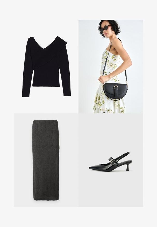 Even&Odd Pullover - black; Jupe noire longue et droite texturée avec une taille haute et un léger fuselage vers l'ourlet sur un fond blanc.; Escarpins slingback en cuir verni noir avec un bout pointu et un petit talon bloc, mettant en avant un accent en boucle argentée sur la sangle.; Sac à main en cuir noir avec une forme courbée, bandoulière amovible et des accessoires en or. Le sac est doté d'un rabat avec un détail de boucle.