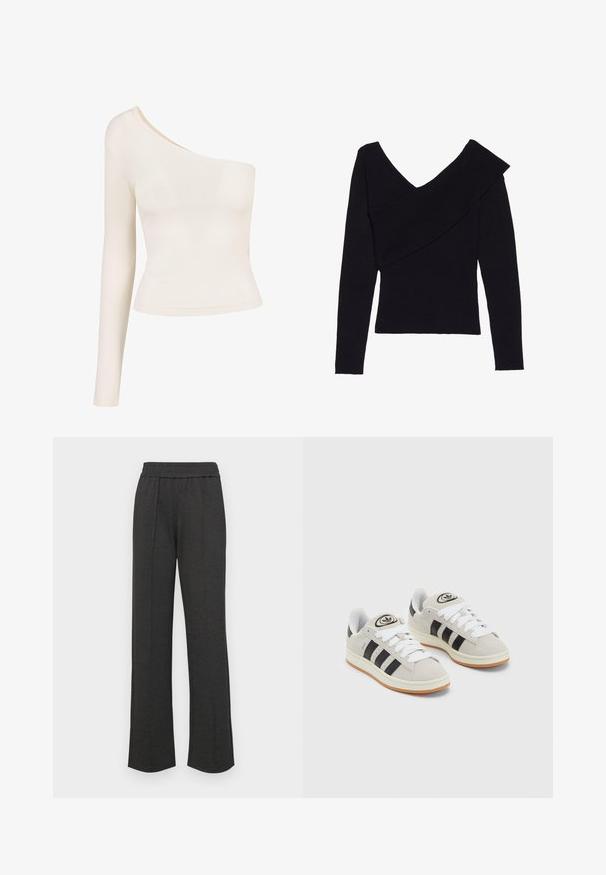 Even&Odd Džemperis - black; Ilgi piedurkņu krekls gaiši bēšā krāsā ar vienu pleca izgriezumu. Gluda, elastīga auduma; pieguļošs dizains izceļ siluetu. Nav rakstu vai rotājumu.; Melni taisni bikses ar elastīgu jostu, priekšējiem krokām, mīkstu audumu un bez redzamām rakstu vai aparatūras detaļām.; Pelēkas zamšādas kedas ar baltām saites, melnām svītrām un baltu gumijas zoli. Raksturīga apļa logo uz mēles un gumijas zole.