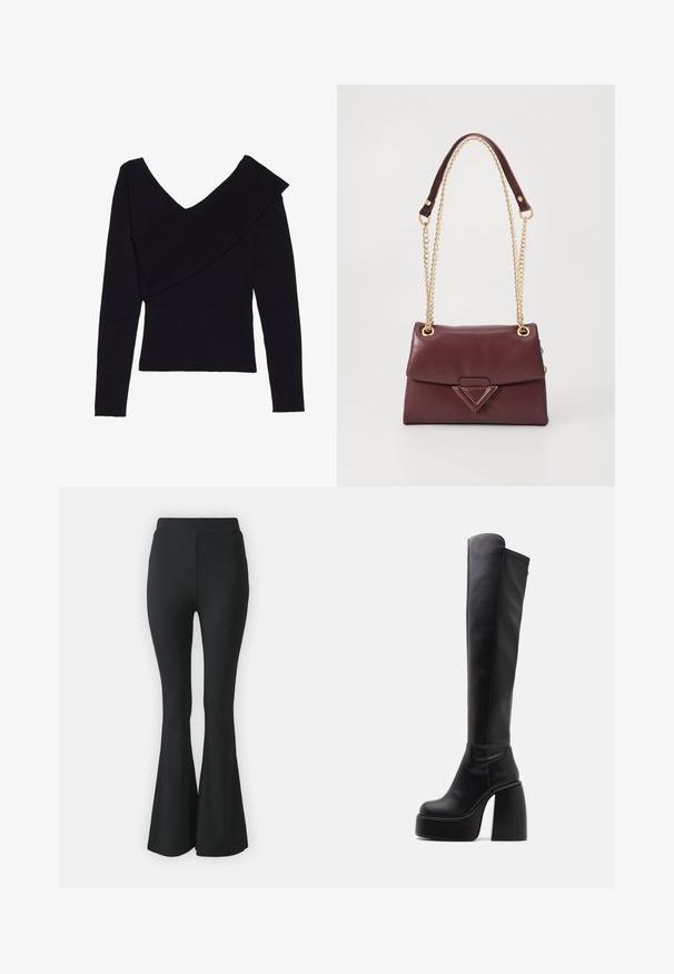 Even&Odd Jumper - black; Black flared trousers made from stretchy fabric. Features a high waistband and a smooth, fitted design that flares from the knee downward.; Buffalo HEART STRETCH BOOT - Platform boots - black; Burgundy leather handbag with a fold-over flap, featuring a gold chain strap and a triangular metal accent on the front. Smooth texture.