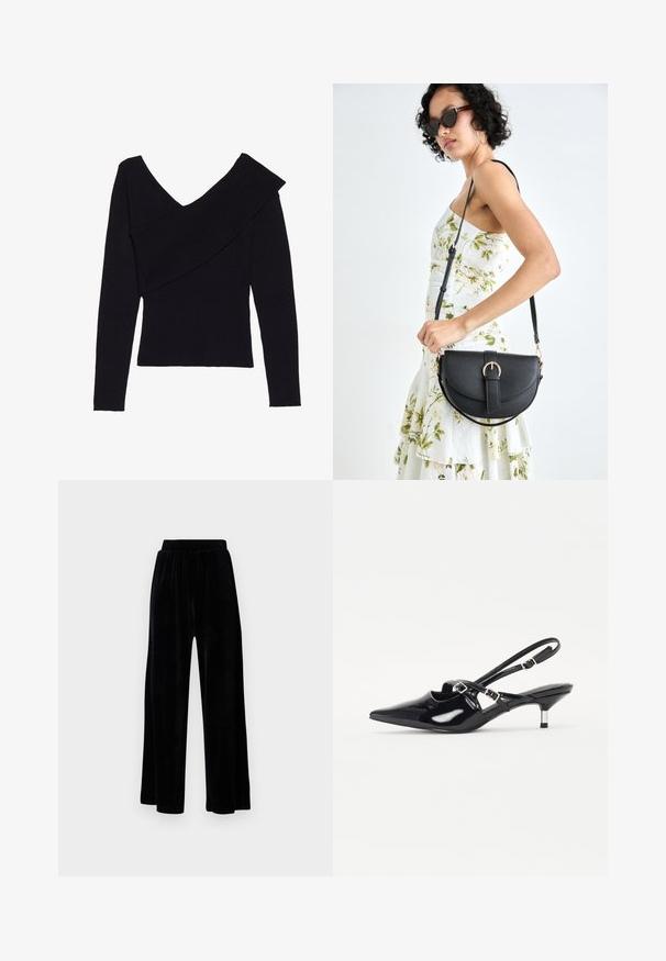 Even&Odd Pullover - black; Pantalons larges noirs en velours doux, dotés d'une taille élastique et d'une texture lisse, sans détails ni motifs visibles.; Chaussures à semelle slingback en cuir verni noir avec un bout pointu, un talon étroit, et une bride réglable sur le coup de pied. Texture lisse.; Sac à main en cuir noir avec une forme courbée, bandoulière amovible et des accessoires en or. Le sac est doté d'un rabat avec un détail de boucle.