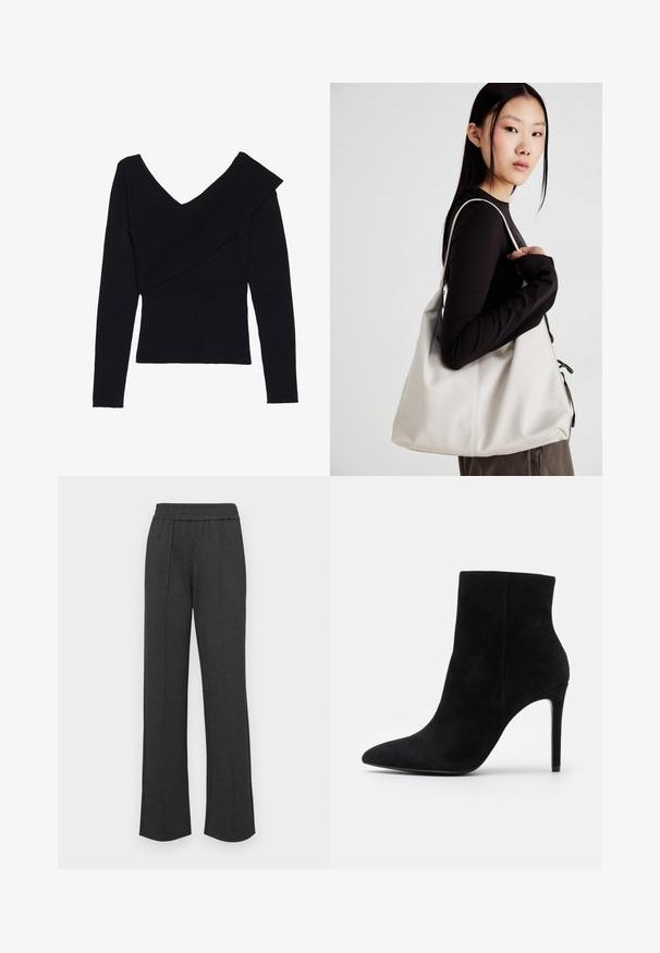 Even&Odd Jersey de punto - black; Pantalones negros de pierna recta con una cinturilla elástica, pliegues en la parte delantera, tela suave y sin patrones o detalles de hardware visibles.; Botín de ante negro con punta afilada y tacón alto delgado sobre un fondo blanco liso.; Bolso de mano beige hecho de material suave, con un diseño holgado, detalles cosidos y dos asas. Adecuado para uso diario.