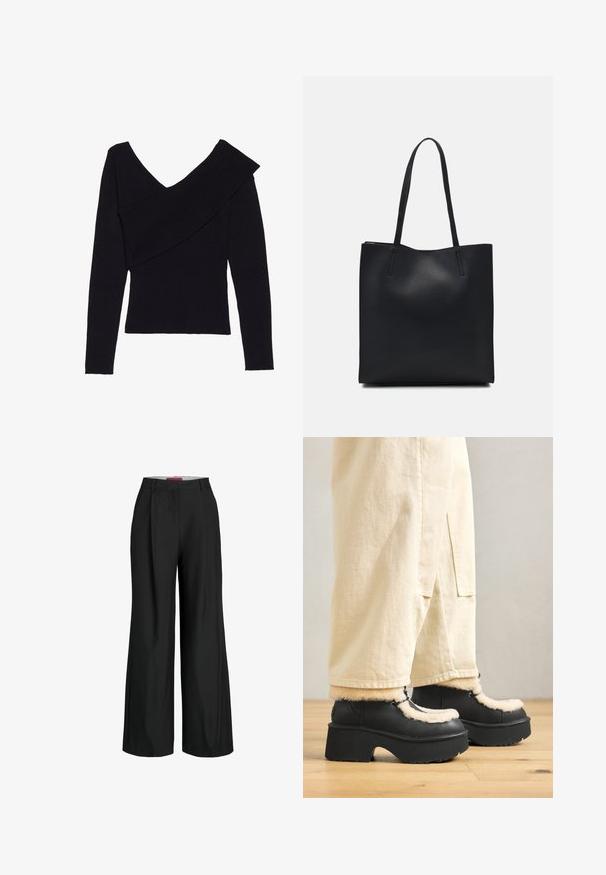 Even&Odd Džemperis - black; Melnas platas bikses ar pielāgotu dizainu, kurām ir krokas un gluda auduma tekstūra. Tīras līnijas un nav redzamu detaļu vai akcentu.; Melnas platformas zābaki ar noapaļotu purngalu, ar pūkainu krēmkrāsas apkakli un mežģīņu detaļām, apvienoti ar vaļīgām bēšām biksēm uz koka grīdas.; Melnas ādas somiņa ar gludu tekstūru, taisnstūra formu un divām garām rokturiem. Nav redzamu aparatūras vai rotājumu.