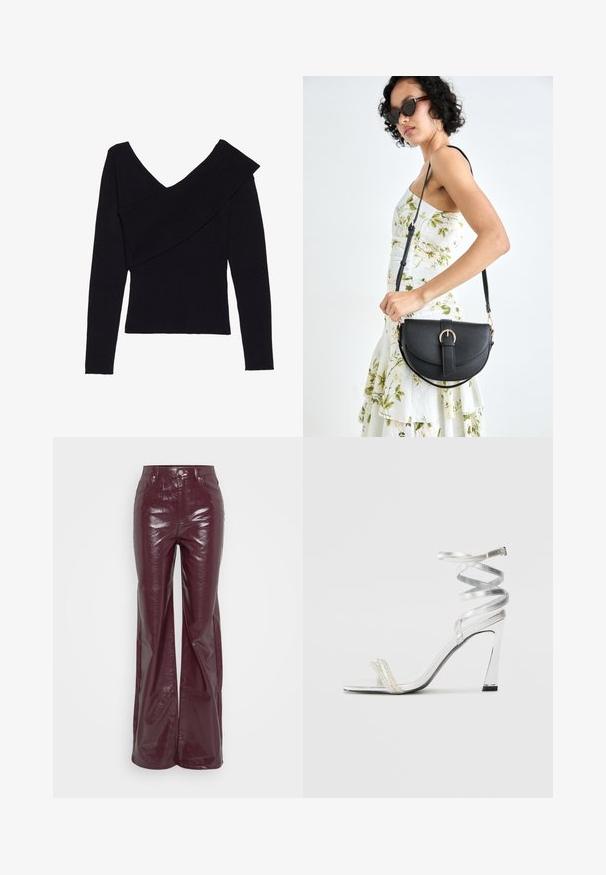 Even&Odd Pulóver - black; Magas derekú, burgundi színű műbőr nadrág, haranglábbal, elülső gombbal és zsebekkel, fehér háttéren bemutatva.; Ezüst színű, magas sarkú szandál, csillogó pánt dizájnnal, gyöngyszerű díszítéssel és spirális bokapánttal a biztos illeszkedés érdekében.; Fekete bőrtáska ívelt formával, levehető pánttal és arany színű fémrészekkel. A táskán egy csattal díszített fedél található.