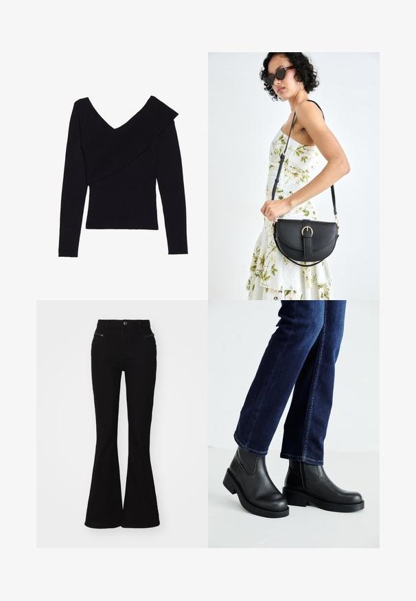 Even&Odd Pulover - black; Jeans negri evazați cu talie înaltă, dotati cu buzunare frontale și accente cu fermoar. Realizati din denim cu o textură netedă.; Bocanci negri din piele cu tălpi groase și panouri elastice pe laterale, asortați cu blugi de culoare bleumarin. Solul este de culoare deschisă.; Geantă din piele neagră, cu o formă curbată, curea detașabilă și accesorii aurii. Geanta are un capac cu un detaliu tip cataramă.