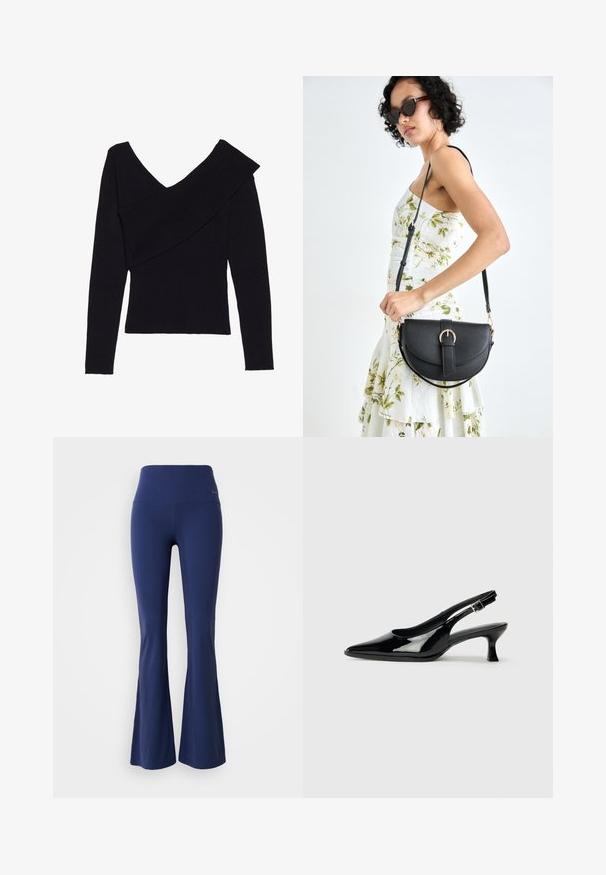 Even&Odd Vesta - black; Tamnoplave helanke sa širokim donjim dijelom, visokog struka, izrađene od elastičnog materijala, sa glatkom teksturom i suptilnim logotipom na pojasu.; Crne lakirane slingback cipele s oštrim vrhom i niskom blok petom. Podešavanje kopče na gležnju.; Crna kožna torba s lukovitim oblikom, odvojivim remenom i zlatnim detaljima. Torba ima preklop s kopčom.