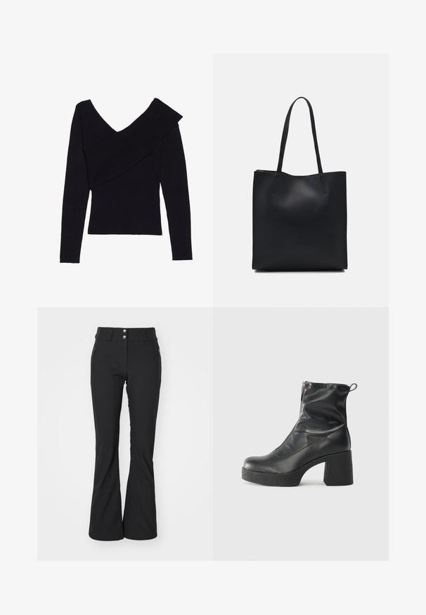 Even&Odd Stickad tröja - black; Svarta utsvängda byxor i mjukt, stretchigt material. Har hög midja, två framfickor med dragkedjor och silverknappsdetaljer.; Svarta ankelstövlar i slitstark läder, med sidodragkedja, kraftig strukturerad klack och rundad tådesign.; Svart lädertoffelväska med slät textur, rektangulär form och två långa handtag. Ingen synlig hårdvara eller dekorationer.