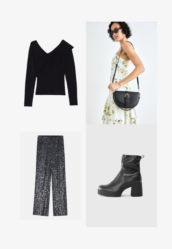 Even&Odd Neule - black; Mustat palazzohousut, joissa on leveät lahkeet ja joustava vyötärö, sekä kiiltävä, tekstuuripintainen pinta, joka heijastaa valoa.; Mustat nilkkurit, jotka on valmistettu sileästä nahasta. Niissä on sivuvetoketju, paksu teksturoitu korko ja pyöristetty kärki.; Musta nahkainen käsilaukku, joka on kaareva muotoilultaan, irrotettavalla hihnalla ja kultaisilla yksityiskohdilla. Laukussa on läppä, jossa on solk yksityiskohta.