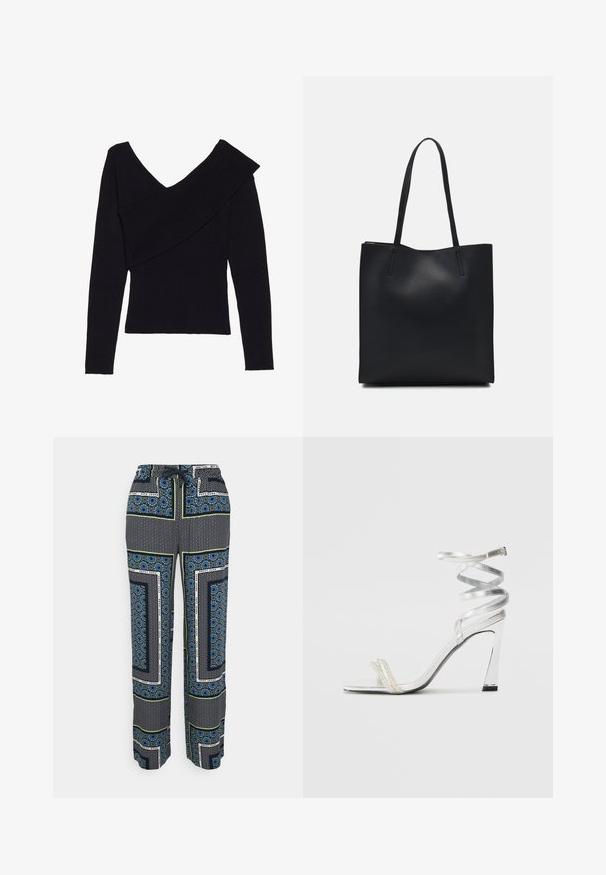 Even&Odd Camisola - black; Pepe Jeans KIRA - Calças - multi coloured; Sandalha de salto alto prateada com um design de tira brilhante, apresentando um detalhe semelhante a uma pérola e uma tira de tornozelo espiralada para um ajuste seguro.; Bolsa tote preta em couro com textura lisa, forma retangular e duas alças longas. Sem hardware ou enfeites visíveis.