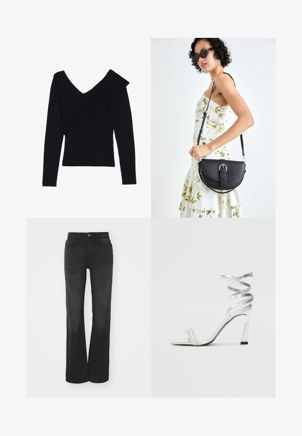 Even&Odd Pulover - black; Jeans negri din denim cu croială dreaptă, două buzunare frontale și închidere cu nasture. Materialul are o textură ușor decolorată.; Sandale argintii cu toc înalt, cu un design strălucitor al baretei, având un accent asemănător unei perle și o curea spiralată pentru prindere sigură.; Geantă din piele neagră, cu o formă curbată, curea detașabilă și accesorii aurii. Geanta are un capac cu un detaliu tip cataramă.