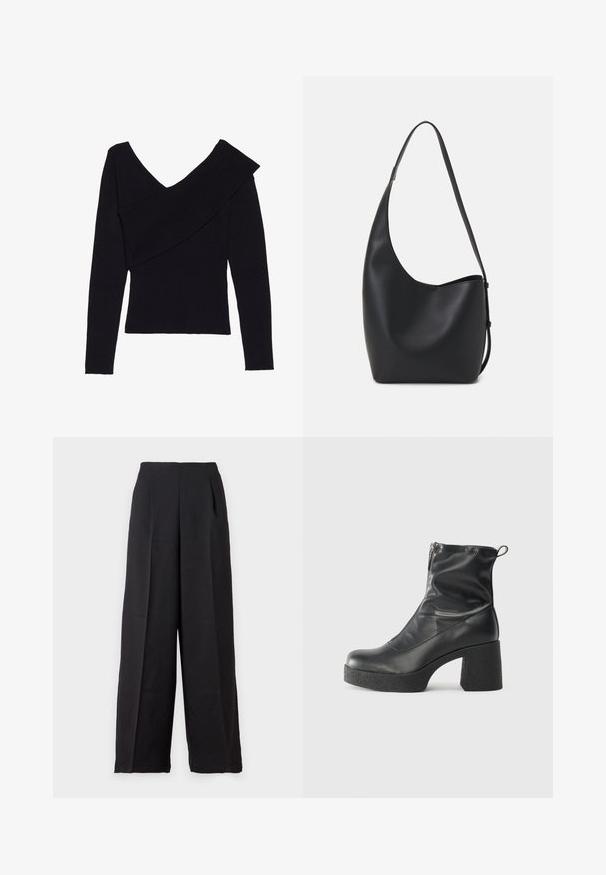Even&Odd Pulover - black; Črne široke hlače z gladko teksturo, visokim pasom in sprednjimi pregibi, ki nudijo krojen videz in dovolj gibčnosti.; Črne gležnjarje iz gladke kože z božnim zadrgo, masivnim teksturiranim peto in zaobljeno obliko prstov.; Črna usnjena hobo torba z gladko teksturo, ukrivljeno obliko in eno nastavljivo naramnico; ima širok odprtina na vrhu.