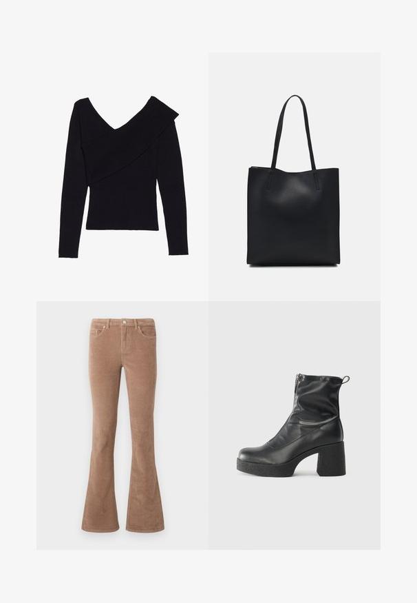 Even&Odd Jumper - black; Brown corduroy flared pants with a textured surface, featuring five pockets, button closure, and belt loops.; Black ankle boots made of smooth leather, featuring a side zipper, chunky textured heel, and rounded toe design.; Black leather tote bag with smooth texture, rectangular shape, and two long handles. No visible hardware or embellishments.