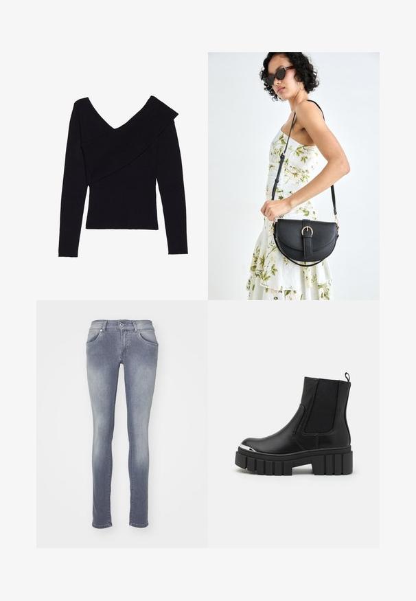 Even&Odd Vesta - black; Uske uskomani traperice u srednjem sivom pranju, napravljene od denima. Ima pet džepova, petlje za remen i izbleđeni efekt na bedrima i koljenima.; Crne gležnjače od glatke kože s elastičnim panelima, debelim platformskim potplatom i metalnim vrhom.; Crna kožna torba s lukovitim oblikom, odvojivim remenom i zlatnim detaljima. Torba ima preklop s kopčom.