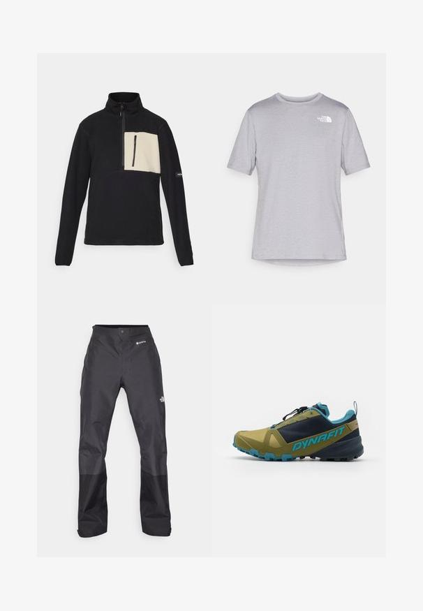 Black fleece pullover with a half-zip collar, featuring a cream-colored chest pocket and textured fabric. Includes shoulder accents and logo detail.; Gray short-sleeve t-shirt with a round neck, made of lightweight fabric, featuring a small white logo on the left chest. Smooth texture.; Black waterproof pants with a smooth texture, featuring a GORE-TEX logo on the front, and reinforced lower legs for durability.; Trail running shoe in olive green and navy, featuring a textured upper, blue accents, a secure lace system, and a rugged outsole for grip.