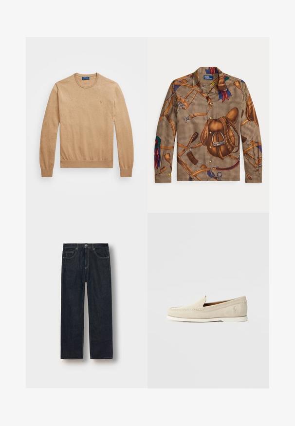 Beež crew-neck sviiter, mis on valmistatud pehmest kudumkangast. Omab soonikservi mansettides ja allääres ning rinnal on väike tikandiga logo.; Pikad varrukad pruun särk ratsutamistarihmade ja sadulade mustriga, ees nööbitav ja Polo by Ralph Laureni sildiga krae peal.; Tumedast sinised sirged jalad teksad denimi kangast, millel on vöökohad, ees taskud ja kontrastsed õmblused. Minimalistlik disain, ilma kaunistusteta.; Polo Ralph Lauren MERTON VENETIAN LOAFER - Mokassiinid - milkshake