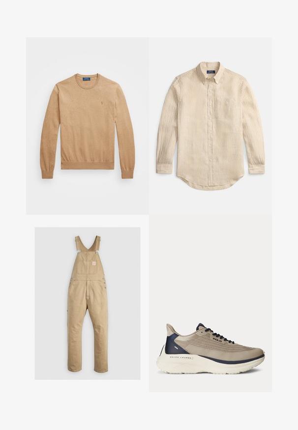 Bēšas krūšu dekoltē džemperis, izgatavots no mīksta adījuma auduma. Iezīmējas ar ribotu piedurkņu un apakšmalu, ar mazu izšūtu logo uz krūšu.; Bēšas krāsas garā piedurkņu pogājama krekls ar baltām vertikālām svītrām, krekla apkakli ar pogām, krūšu kabatu un “Polo Ralph Lauren” etiķeti apkakles iekšpusē.; Bēšas kokvilnas overālās bikses ar regulējamām siksnām, metāla detaļām, priekšējo kabatu un pastiprinātu šuvju. Gluda tekstūra ar brīvu piegriezumu.; Bežīgas sporta kurpes ar teksturētu sietu augšdaļu, tumši zilas akcenti, bieza balta zole un sarežģīti dizaina elementi. Aprīkotas ar auklām un logotipa zīmolu.