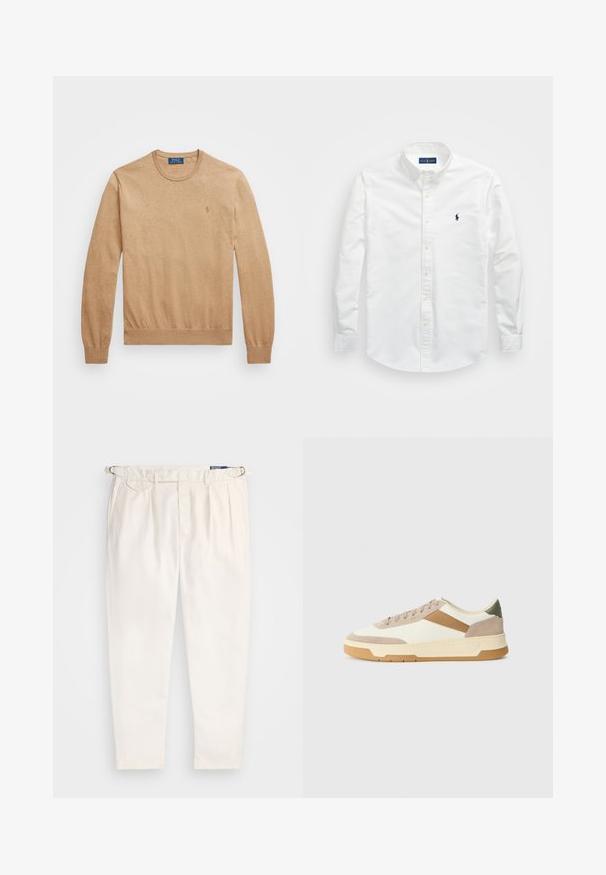 Bež dukserica s okruglim izrezom napravljena od mekanog pletenog materijala. Ima rebraste manžetne i donji rub, s malim izvezenim logotipom na prsima.; Bijela košulja na dugih rukava od pamuka. Ima oštar ovratnik, dugačke rukave i mali mornarski logotip na prsima. Glatka tekstura.; Bijele hlače od pamučne mješavine opuštenog kroja, s naborima sprijeda i petljama za remen. Ima bočne džepove i završetke s manžetama.; Tenisice u bež, krem i maslinasto zelenoj boji, izrađene od antilopa i kože, s okruglim vrhom, minimalističkim dizajnom i gumenim đonom.