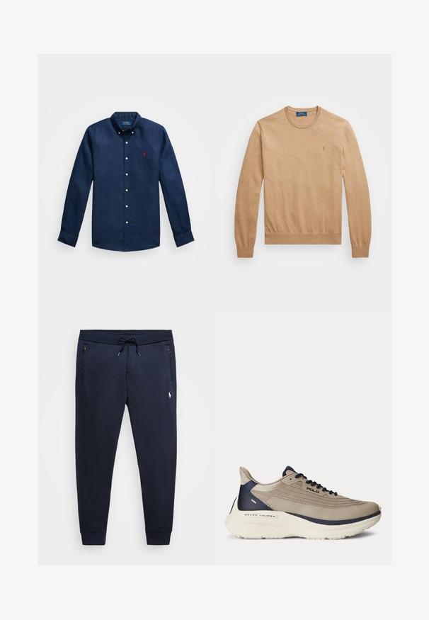 Béžový svetr s crew neck výstřihem vyrobený z měkké pleteniny. Má ribované manžety a lem, s malým vyšitým logem na hrudi.; Námořnická modrá lněná košile s límečkem na knoflíky, dlouhými rukávy a malým červeným logem polo na hrudi. Obsahuje bílé knoflíky.; Námořnické joggingové kalhoty vyrobené z měkké směsi bavlny, s nastavitelným pasem, zapínacími kapsami a malým logem na levém stehně.; Béžová sportovní obuv s strukturovaným síťovaným svrškem, námořnickými akcenty, silnou bílou podrážkou a detailními designovými prvky. Obsahuje šňůrky a logo značky.