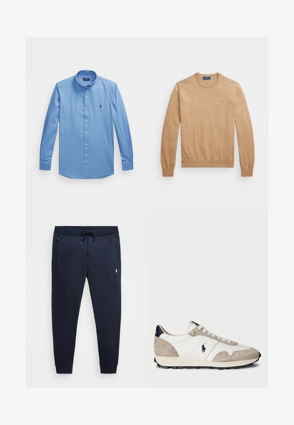 Suéter beige de gola redonda feito de tecido de malha suave. Apresenta punhos e bainha canelados, com um pequeno logótipo bordado no peito.; Polo Ralph Lauren SLIM FIT STRETCH POPLIN SHIRT  - Camisa - harbor island blue; Calças de fato de treino azul-marinho, feitas de uma mistura de algodão suave, com cintura ajustável, bolsos com fecho éclair e um pequeno logótipo na coxa esquerda.; Sapatilha de camurça branca e bege com sola de borracha preta e logo da Polo na lateral, vista do lado de fora sobre um fundo branco.