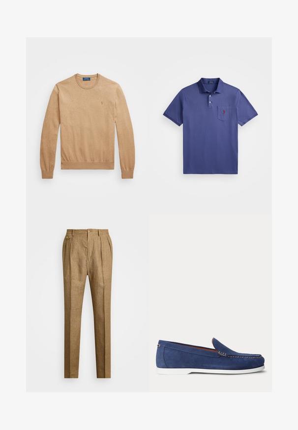 Beež crew-neck sviiter, mis on valmistatud pehmest kudumkangast. Omab soonikservi mansettides ja allääres ning rinnal on väike tikandiga logo.; Lilla polo särk, mis on valmistatud puuvillast, kolme nööbiga kaelusega, lühikeste varrukatega ja rinnataskuga, millel on punane logo tikand.; Pruunid ruudulised püksid struktureeritud lõikega, millel on volditud esiosa, kaks küljetaskut ja nööbiga sulgemine. Sile tekstuur ja kohandatud disain.; Tumesinised seemisnahast mokassiinsussid valge kummist tallaga, kontrastse õmblemise ja libistatava disainiga. Küljes väike kuldse tooni detail.