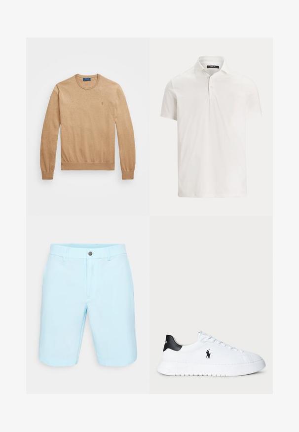 Suéter beige de cuello redondo hecho de un suave tejido de punto. Presenta puños y dobladillo acanalados, con un pequeño logotipo bordado en el pecho.; Polo blanco de manga corta para hombre, con cuello, dos botones y una etiqueta con logo sutil en el interior del cuello.; Bermudas de color azul claro, hechas de una tela suave, con un frente plano, bolsillos con cinta, cierre de un solo botón metálico y dobladillos limpios.; Zapatilla baja blanca con talón negro y logo negro de Polo Ralph Lauren en el lateral, con cordones blancos y suela de goma gruesa.