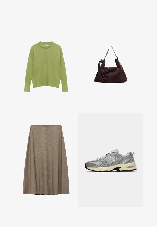 Pull en maille verte avec un col rond, des épaules tombantes et un ourlet côtelé. Texture douce et coupe décontractée.; Jupe mi-longue en forme de A en tissu brun texturé avec un motif de carreaux subtil, dotée d'une taille lisse et d'une silhouette drapée.; Chaussure de sport en maille grise avec une semelle extérieure crème, dotée d'un col rembourré, de lacets blancs et d'un logo subtil sur le côté. Accentuée de violet clair.; Sac hobo en daim marron foncé avec une large sangle en cuir réglable et un corps doux et décontracté sur fond blanc.