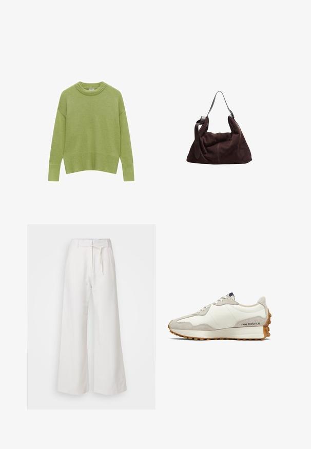 Vihreä neulepaita, jossa on pyöreä kaula-aukko, roikkuvat olkapäät ja ribbireuna. Pehmeä rakenne ja rento istuvuus.; DAY Birger et Mikkelsen TERRI SOLID - Housut - cloud cream; Valkoiset ja beige tennarit, joissa on sileä nahkapäällinen, mokkanahkakoristeet, pyöreä kärki ja teksturoitu kumipohja. Brändin nimi painettuna sivulle.; Tummanruskea mokkainen hobo-olkalaukku, jossa on leveä säädettävä nahkaremmi ja pehmeä, rosoinen muoto valkoista taustaa vasten.; Hopea metalliset korvakorut, joissa on sileä, pisaramainen muoto ja kiillotettu pinta. Huomaamattomat kaiverrukset lisäävät yksityiskohtia. Minimalistinen muotoilu.