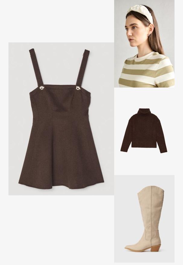 Brązowy prążkowany sweter z golfem, z długimi rękawami i skróconym krojem, z grubej, fakturowanej dzianiny.; Brązowa sukienka bez rękawów z regulowanymi ramiączkami, z akcentami w złotym odcieniu i rozkloszowanym krojem A-linii. Tekstura z mieszanki wełny.; Beżowe zamszowe kozaki do kolan z ostrym noskiem, na słupkowym obcasie i widocznymi detalami szwów. Gładka tekstura z prostym wzornictwem.; Kremowa poduszka na głowę zziębniętym wzorem, zestawiona z beżową i białą koszulą w paski, z okrągłym dekoltem. Subtelne akcenty biżuteryjne.