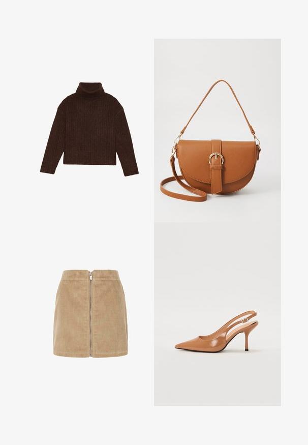 Brūna ribota turtlenecka džemperis ar garajām piedurknēm un īsu siluetu, kas izceļas ar biezas, teksturētas adījumus.; Beiza kordēru svārki ar vertikālu ribotu tekstūru, augstu vidukli un priekšu ar rāvējslēdzēju. Vienkāršs dizains ar tīrām līnijām.; Izteikts pirksta siksnas zābaks, izgatavots no gludas, spīdīgas brūnas materiāla. Piedāvā izliekta izgriezuma dizainu un smalku stiletto papēdi. Sudraba sprādze.; Brūns ādas plecu soma ar izliekta formu, zelta piederumiem un sprādzes akcentu. Iesaiņota ar noņemamu plecu siksnu.