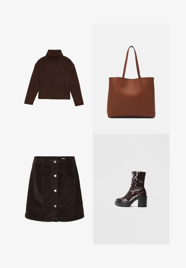 Pruunid soonilised kõrge kaelusega kampsun pikkade varrukatega ja lühikese siluetiga, millel on paks, tekstuuriga kudumine.; Tumepruunist korduroost valmistatud A-lõikega seelik, mille esiosas on viis hõbedast nupukest ja aluses on kerge laienemine.; Klakav läikiv burgundi värvi pahkluu saabas, millel on paks must konts, sile tekstuur ja lihtne disain. Nähtavad kinnitused või mustrid puuduvad.; Pruun nahast tote-kott, millel on sile tekstuur, avatud ülaosa disain ja kaks õlarihma. Omab minimaalset õmblust ja nähtavat riistvara ei ole.