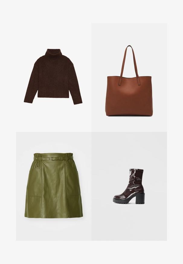 Hnedý rebrovaný rolák s dlhými rukávmi a skráteným strihom, s hustým, textúrovaným pletením.; Sukňa z olivovej zelenej kože s opaskom v páse, so štyrmi prednými vreckami a hladkou textúrou. A-línie silueta s moderným dizajnom.; Lesklé burgundské kotníkové boty s robustním černým podpatkem, s hladkou strukturou a jednoduchým designem. Bez viditelných zapínání nebo vzorů.; Hnedá kožená taška na rameno s hladkou textúrou, otvoreným vrchom a dvoma ramenými popruhmi. Má minimálne šitia a žiadne viditeľné kovania.
