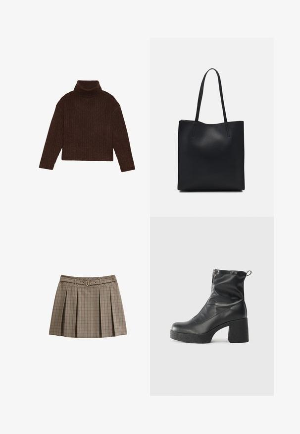 Pull en maille côtelée marron à col roulé, avec des manches longues et une silhouette courte, présentant un design de tricot épais et texturé.; New Look CHECK BELTED BOX PLEAT MINI - Jupe plissée - brown pattern; Bottes noires à la cheville en cuir lisse, dotées d'une fermeture éclair sur le côté, d'un talon épais texturé et d'une conception à bout rond.; Sac fourre-tout en cuir noir avec une texture lisse, de forme rectangulaire et deux longues poignées. Pas de matériel ou d'ornementations visibles.