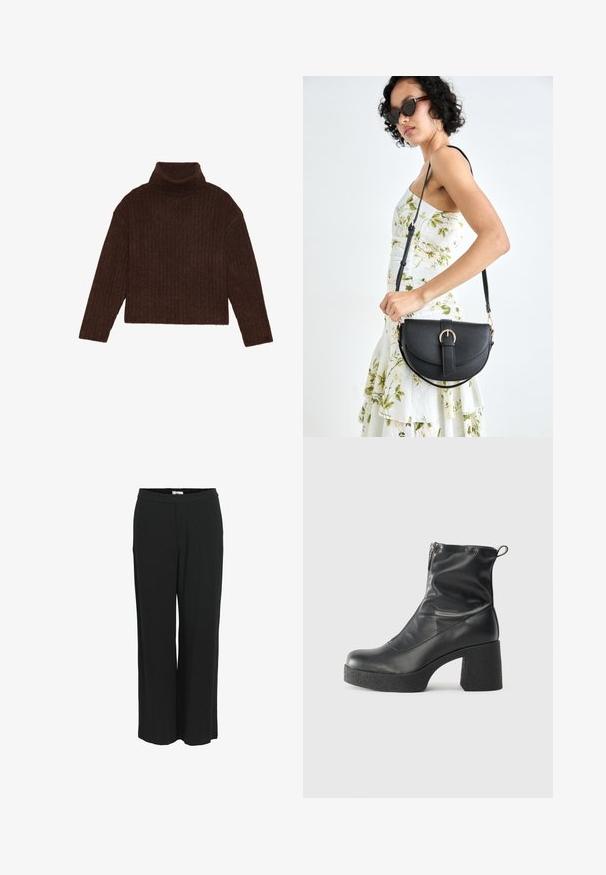 Ruda juosta su aukštu apykakle, ilgomis rankovėmis ir sutrumpintu siluetu, pasižyminti storu, tekstūruotu megzti dizainu.; Platus juodų kelnių modelis, pagamintas iš lengvos medžiagos. Turi elastingą juosmenį ir lygų paviršių. Nėra kišenių ar matomų raštų.; Juodos kulkšninių botai, pagaminti iš lygaus odos, su šoniniu užtrauktuku, masyviu tekstūruotu kulnu ir apvaliu pirštu.; Juodas odinis krepšys su išlenkta forma, nuimamu dirželiu ir auksiniais detalėmis. Krepšys turi kilpą su sagtimi.