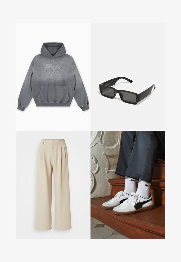 Sweatshirt cinzento com capuz e estampa texturizada com o texto "FAVELA Worldwide" e um desenho de águia, bolso canguru frontal e punhos canelados.; Calças largas bege com cintura alta, frente pregueada e textura de tecido suave. Sem fechos ou padrões visíveis.; Ténis Puma em camurça branca e preta, com uma sola de borracha castanha. Combinados com meias brancas exibindo um logótipo preto, usados com calças escuras.; Óculos de sol pretos com lentes retangulares, armação em plástico mate e bordas retas. Apresenta o logotipo da marca na parte interna da haste.