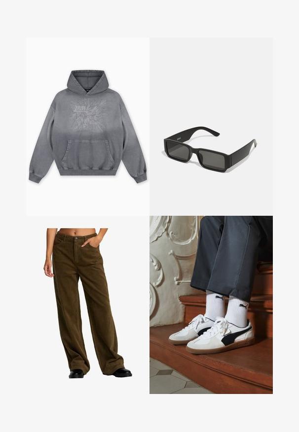 Grijze capuchontrui met een gestructureerde print met de tekst "FAVELA Worldwide" en een adelaarontwerp, voorzak in kangarustijl en geribbelde manchetten.; Persoon in losse, bruine corduroy broek met handen in de zakken en zwarte schoenen, weergegeven van het midden van de torso tot de voeten op een witte achtergrond.; Puma sneakers in wit en zwart suède, met een bruine rubberen zool. Gecombineerd met witte sokken met een zwart logo, gedragen met donkere broek.; Zwarte zonnebril met rechthoekige lenzen, matte plastic montuur en rechte randen. Bevat het merkteken op de binnenarm.