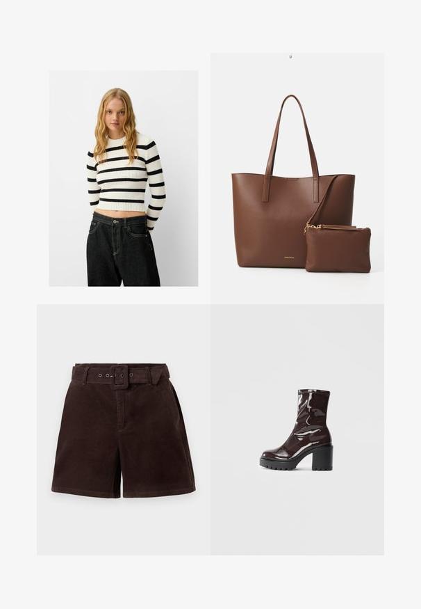 Bershka ROUND NECK - Strickpullover - black; Braune Cordshorts mit einem breiten Gürtel, Knöpfen und Gürtelschlaufen. Verfügt über eine vertikale Rippstruktur und eine taillierte Passform.; Glatte bordeauxrote Ankle Boots mit einem klobigen schwarzen Absatz, die eine glatte Oberfläche und ein einfaches Design aufweisen. Keine sichtbaren Verschlüsse oder Muster.; Braune Handtasche aus Kunstleder mit zwei langen Griffen und einem passenden kleinen Beutel. Die Oberfläche weist ein strukturiertes Muster und goldene Hardware-Akzente auf.