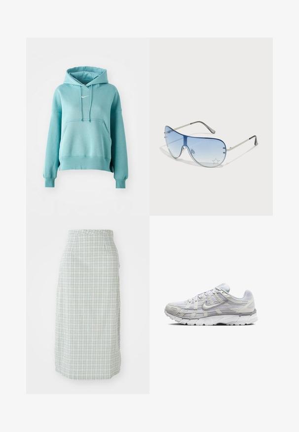 Hanorac turcoaz cu glugă, dotat cu un buzunar tip kangur și mansete și tiv cu nervuri. Prezintă un mic logo alb Nike pe piept.; O fustă până la genunchi, cu un model în carouri alb-verde deschis, având o textură netedă și o siluetă ajustată, cu buzunare laterale.; Pantofi sport gri deschis, cu un superior din plasă și material sintetic, dotate cu o închidere cu șireturi, guler îmbrăcat și talpă texturată pentru aderență.; Ochelari de soare aviator cu lentilă gradient albastră, ramă metalică argintie și accente decorative sub formă de stele pe lentilă. Design neted și elegant.