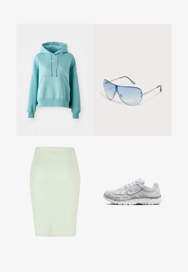 Sweatshirt à capuche turquoise avec une poche kangourou, des poignets et un ourlet côtelés. Présente un petit logo Nike blanc sur la poitrine.; Jupe crayon en tricot de couleur vert menthe clair avec une texture à côtes verticales, forme ajustée et ceinture lisse. Idéale pour une tenue décontractée ou formelle.; Baskets de sport gris clair avec une tige en mesh et synthétique, dotées d'un système de laçage, d'un col rembourré et d'une semelle texturée pour une meilleure adhérence.; Lunettes de soleil aviateur avec des verres dégradés bleus, une monture en métal argenté et des accents décoratifs en forme d'étoile sur les verres. Design lisse et élégant.