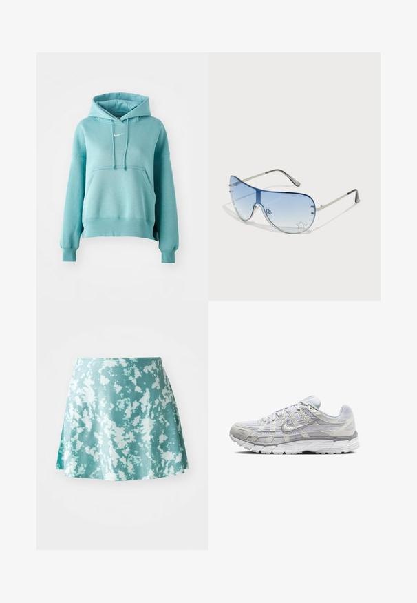 Hanorac turcoaz cu glugă, dotat cu un buzunar tip kangur și mansete și tiv cu nervuri. Prezintă un mic logo alb Nike pe piept.; O fustă skater de culoare verde mentă cu un model de stropi albi, confecționată dintr-un material ușor. Dispune de o formă ușor evazată și o fanta pe lateral.; Pantofi sport gri deschis, cu un superior din plasă și material sintetic, dotate cu o închidere cu șireturi, guler îmbrăcat și talpă texturată pentru aderență.; Ochelari de soare aviator cu lentilă gradient albastră, ramă metalică argintie și accente decorative sub formă de stele pe lentilă. Design neted și elegant.