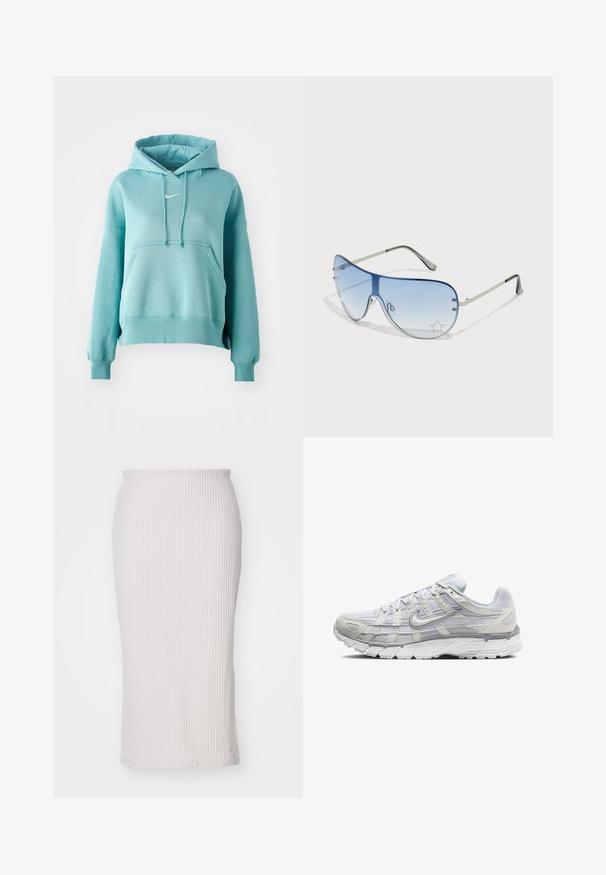 Sweatshirt capuz turquoise com bolso canguru, punhos e bainha canelados. Apresenta um pequeno logotipo branco da Nike no peito.; Nike Sportswear SKIRT - Saia lápis - light orewood; Sapatos atléticos cinza claro com parte superior em malha e sintético, apresentando um fecho de cordões, colarinho acolchoado e sola texturizada para aderência.; Óculos de sol aviador com lentes azuis em degradê, armação metálica prateada e detalhes decorativos de estrelas nas lentes. Design suave e elegante.