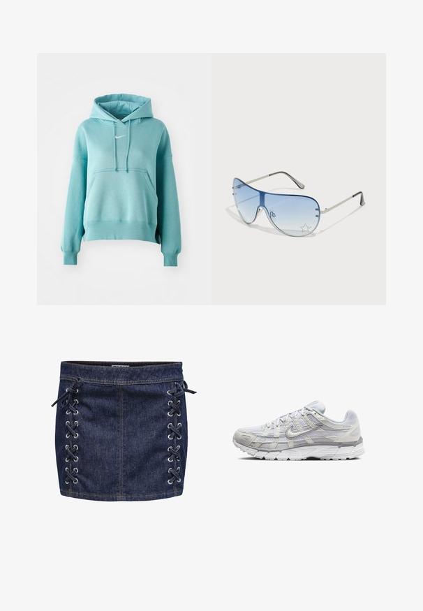 Turkizna kapuca s puloverjem s kenguru žepom, rebrastimi manšetami in robom. Na prsih je majhen bel Nike logotip.; Temna modra denim minikrila z bočnimi vrvicami in srebrnimi očesci. Ima gladko teksturo in kontrastne šive.; Svetlo sivi atletski čevlji z zgornjim delom iz mrežaste in sintetične tkanine, opremljeni z vezalkami, oblazinjenim ovratnikom in teksturiranim podplatom za dober oprijem.; Pilotne sončne očala z gradijentnimi modrimi lečami, srebrnim kovinskim okvirjem in okrasnimi zvezdastimi detajli na lečah. Gladek in eleganten dizajn.