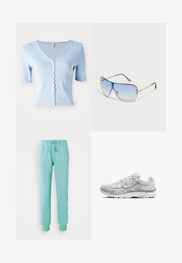 Sweatshirt à capuche turquoise avec une poche kangourou, des poignets et un ourlet côtelés. Présente un petit logo Nike blanc sur la poitrine.; Cardigan court à manches courtes de couleur bleu clair, avec un col en V, des bords en feston et cinq boutons blancs à l'avant, fabriqué en tissu doux.; Pantalon de sport vert menthe avec une taille élastique, un cordon de serrage et des poignets côtelés. Présente un petit logo Nike blanc sur la cuisse gauche.; Baskets de sport gris clair avec une tige en mesh et synthétique, dotées d'un système de laçage, d'un col rembourré et d'une semelle texturée pour une meilleure adhérence.; Lunettes de soleil aviateur avec des verres dégradés bleus, une monture en métal argenté et des accents décoratifs en forme d'étoile sur les verres. Design lisse et élégant.