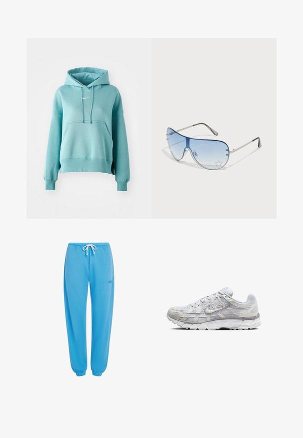 Turkis hættetrøje med kengurulomme, ribbede manchetter og kant. Har et lille hvidt Nike-logo på brystet.; Blå joggebukser lavet af blødt stof, med elastisk talje og justerbart snøre samt elastiske manchetter ved anklerne.; Lys grå atletik sko med en overdel i mesh og syntetiske materialer, der har snørebånd, polstret krave og struktureret sål for godt greb.; Aviator-solbriller med gradient blå linser, sølvmetalramme og dekorative stjerneakcenter på linserne. Glat og strømlinet design.