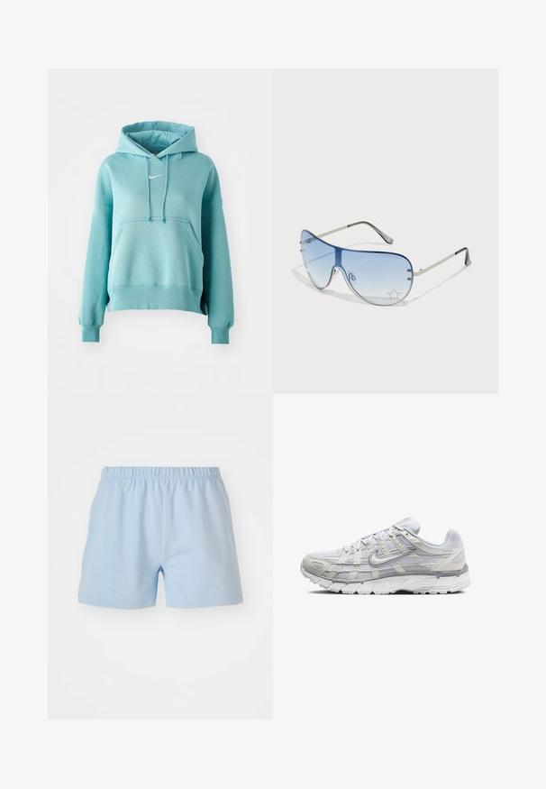 Tirkīza krāsas kapuce ar kangaroo kabatu, ribotām piedurknēm un apakšmalu. Iekļauj nelielu baltu Nike logo uz krūškurvja.; Gaiši zila kokvilnas šorti ar elastīgu jostasvietu. Raksturīga vienkārša, gluda tekstūra un beidzas vidus augšstilba garumā. Bez kabatām.; Gai pelēki sporta apavi ar sietiņa un sintētisku augšdaļu, ar auklām, mīkstu apkakli un strukturētu zoli saķerei.; Pilotstila saulesbrilles ar gradienta zilām lēcām, sudraba metāla rāmjiem un dekoratīvām zvaigžņu akcentiem uz lēcām. Gluda un eleganta dizaina.