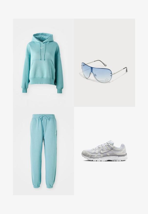 Tirkīza krāsas kapuce ar kangaroo kabatu, ribotām piedurknēm un apakšmalu. Iekļauj nelielu baltu Nike logo uz krūškurvja.; Gaiši zili sporta bikses, izgatavotas no mīksta auduma, ar elastīgu jostu, stiepjamu detaļu un elastīgām aprocēm pie potītēm. Mazs logo sānos.; Gai pelēki sporta apavi ar sietiņa un sintētisku augšdaļu, ar auklām, mīkstu apkakli un strukturētu zoli saķerei.; Pilotstila saulesbrilles ar gradienta zilām lēcām, sudraba metāla rāmjiem un dekoratīvām zvaigžņu akcentiem uz lēcām. Gluda un eleganta dizaina.