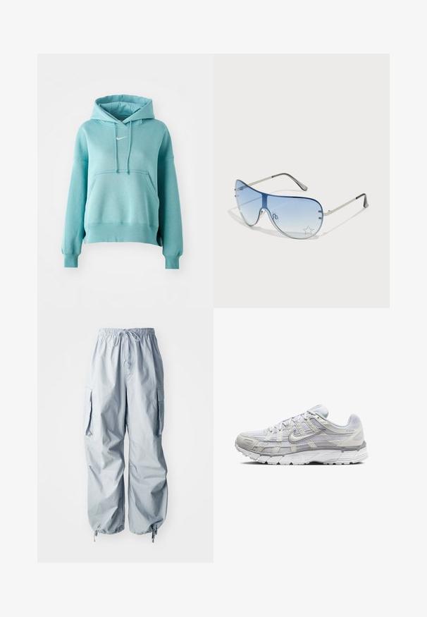 Tyrkismynte hettegenser med kengurulomme, ribbestrikkede mansjetter og kant. Har et lite hvitt Nike-logg på brystet.; Lyseblå cargo-bukser med elastisk midje, snor, to sidelommer og avsmalnede mansjetter med justerbare togler.; Lys grå sportsko med overdel i mesh og syntetisk materiale, med snøring, polstret krave og strukturert såle for grep.; Pilotbriller med gradient blå linse, sølvfarget metallramme og dekorative stjerneaksenter på linsen. Glatt og stilren design.