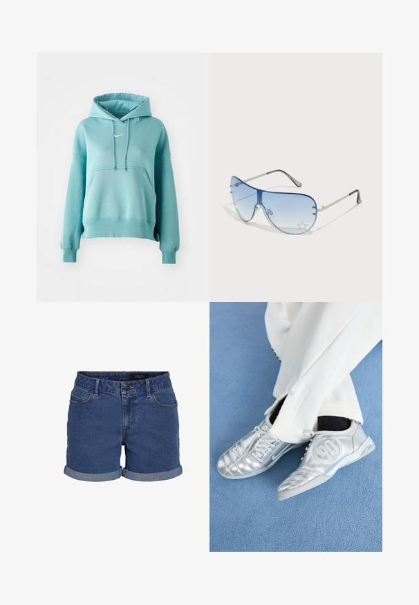 Türkiz kapucnis pulóver kenguruzsebbel, bordás mandzsettákkal és aljjal. A mellkasán egy kis fehér Nike logó található.; Sötétkék farmer rövidnadrág klasszikus szabásban. Hajtott szegélyekkel, két elülső zsebbel, és gombos záródással rendelkezik. Sima tapintású.; Ezüst sportcipők sima, fényes felülettel, varrott mintázattal és a 90-es számmal az oldalán, fehér nadrággal párosítva.; Pilóta napszemüveg, melynek áttetsző kék lencséje, ezüst fém kerete és díszes csillag díszítések találhatók a lencsén. Simogató és elegáns dizájn.