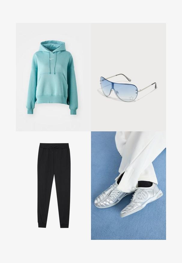 Turkis hættetrøje med kengurulomme, ribbede manchetter og kant. Har et lille hvidt Nike-logo på brystet.; Sorte sweatpants lavet af blødt stof, med elastisk talje og snor, tapered ben og ribbede manchetter ved anklerne.; Sølv athletic sko med en glat, skinnende finish, der har et syet design og nummer 90 på siden, parret med hvide bukser.; Aviator-solbriller med gradient blå linser, sølvmetalramme og dekorative stjerneakcenter på linserne. Glat og strømlinet design.